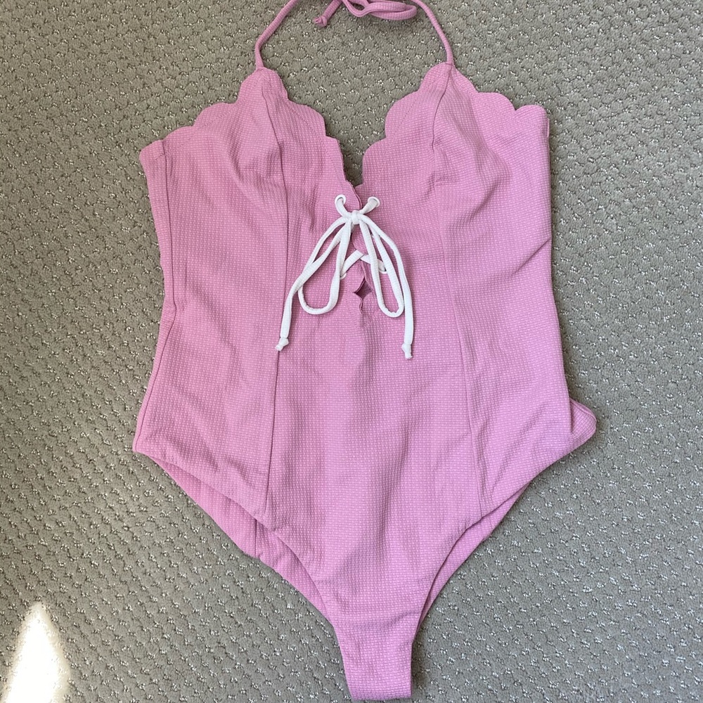 Marysia Pink Broadway Scallop Lace up Bathing Suit